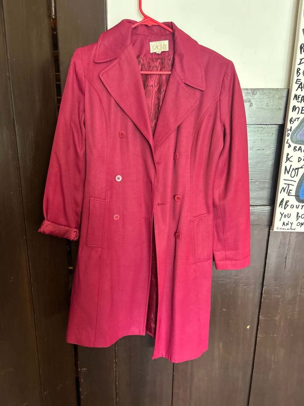 Cache Trench Coat Size 4 Pink Snake Print Lining Double Breasted